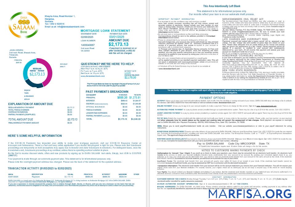 Blank Somalia Dara Salaam bank mortgage statement in Word and PDF formats 1 2 download for verification